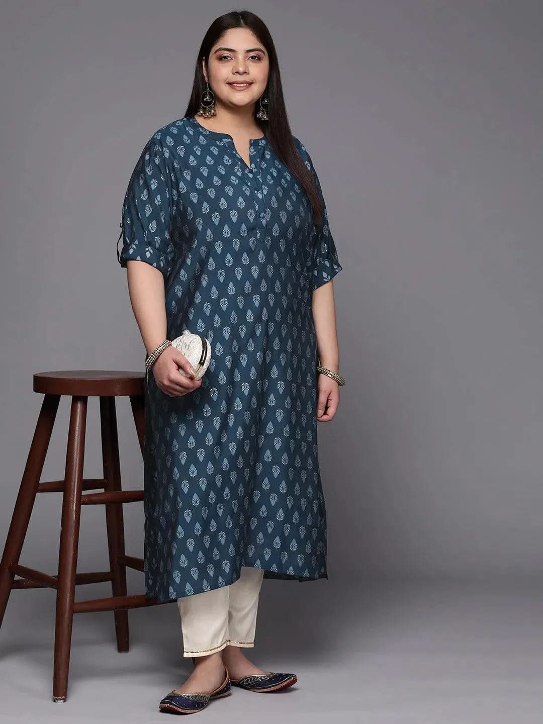 Plus Size Blue Printed Silk Straight Kurta - Libas