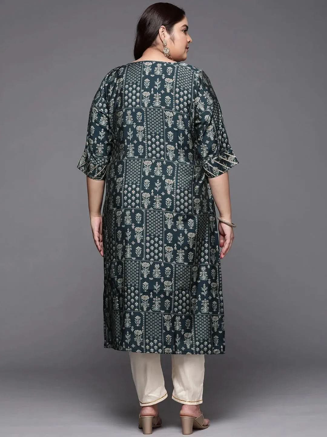 Plus Size Blue Printed Silk Straight Kurta - Libas