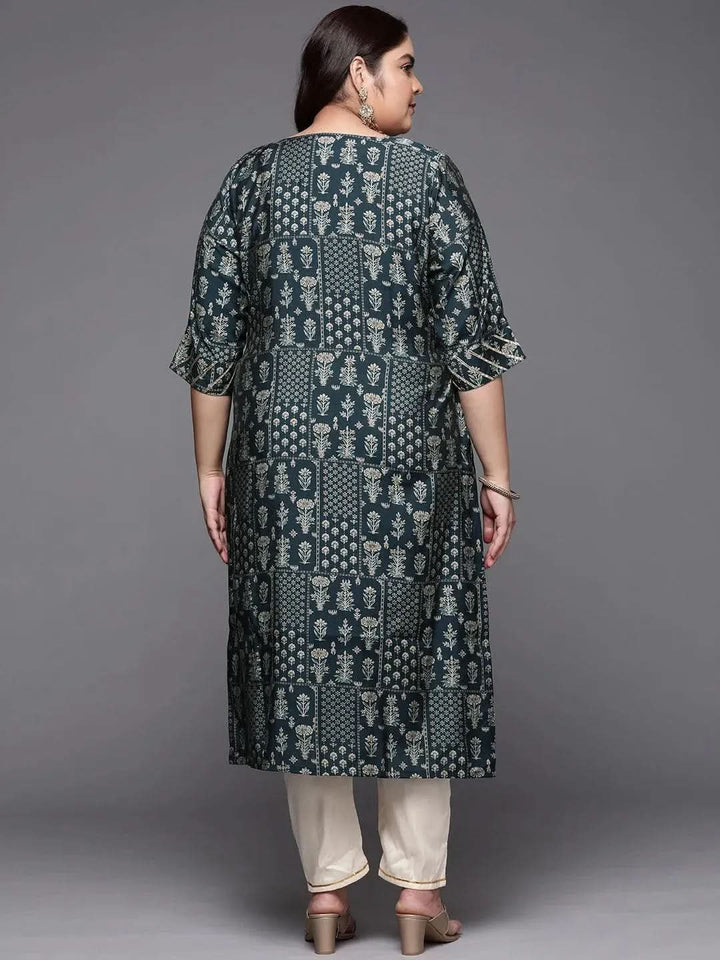 Plus Size Blue Printed Silk Straight Kurta - Libas