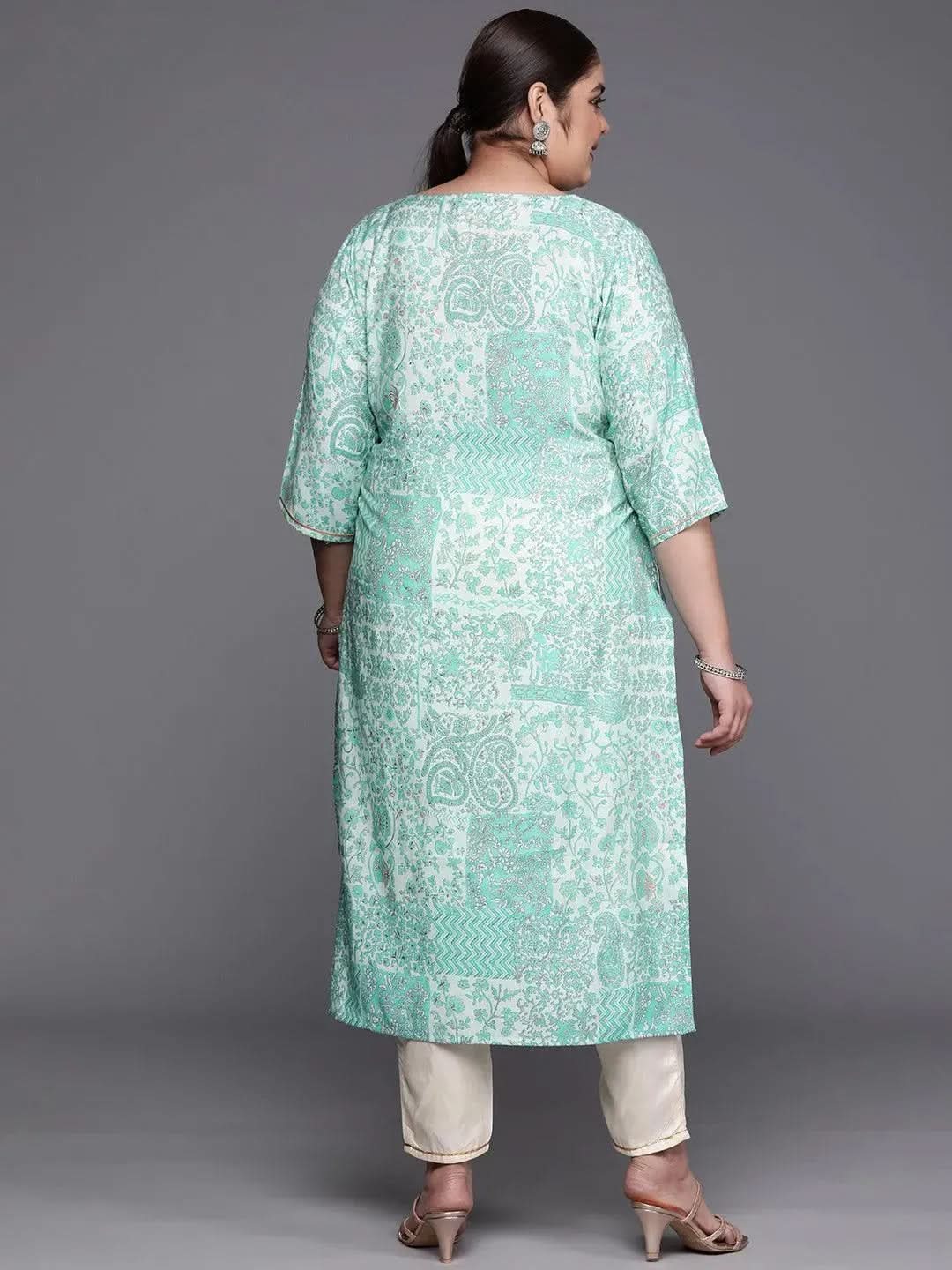 Plus Size Blue Printed Silk Straight Kurta - Libas