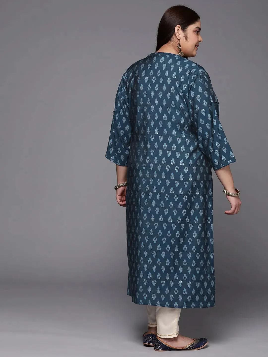 Plus Size Blue Printed Silk Straight Kurta - Libas