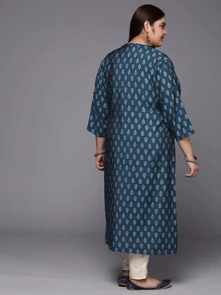 Plus Size Blue Printed Silk Straight Kurta - Libas