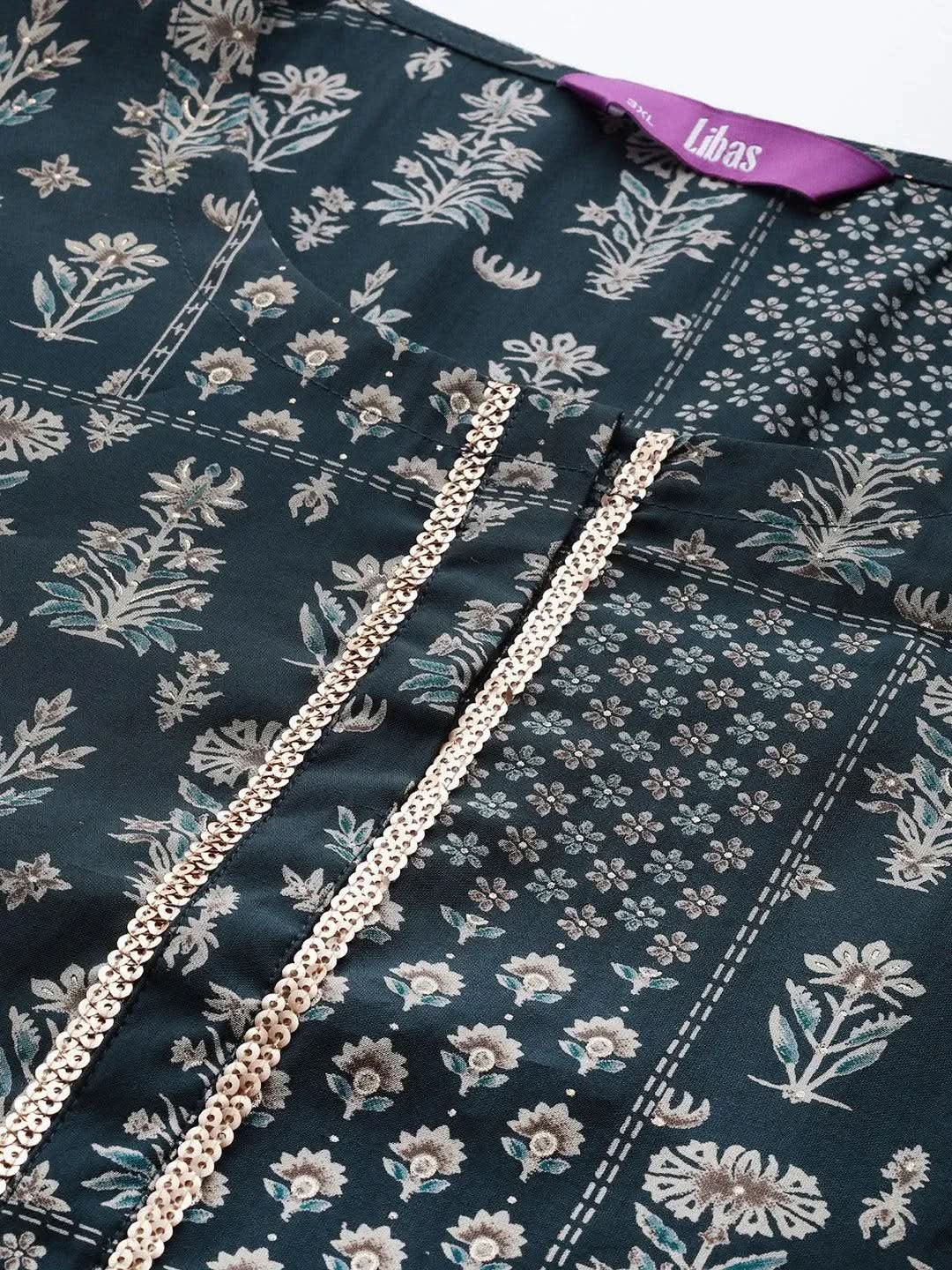 Plus Size Blue Printed Silk Straight Kurta - Libas