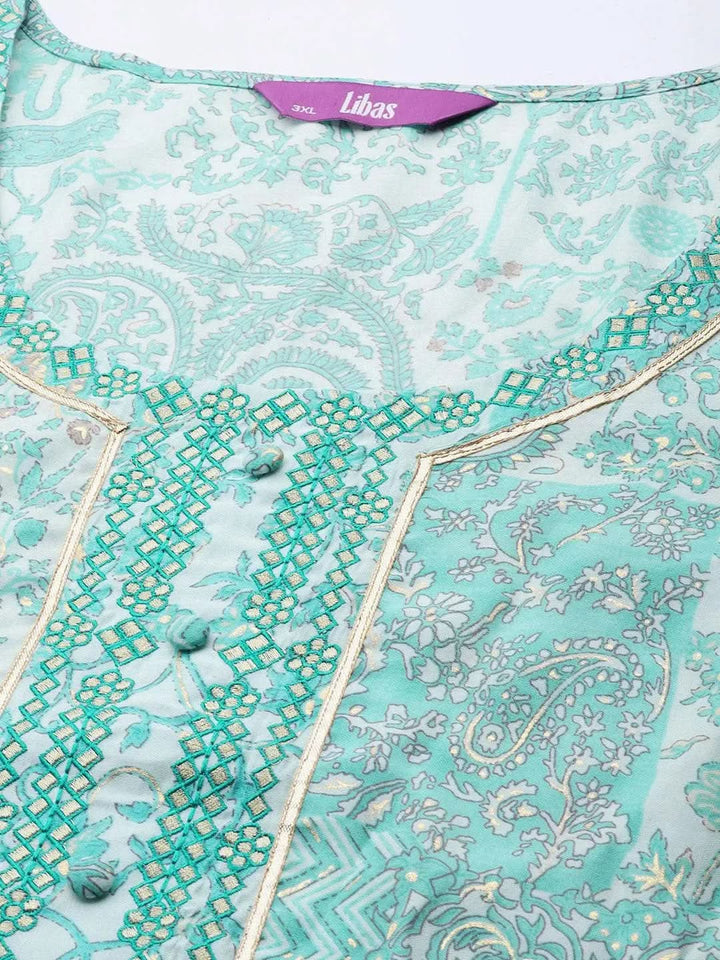 Plus Size Blue Printed Silk Straight Kurta - Libas