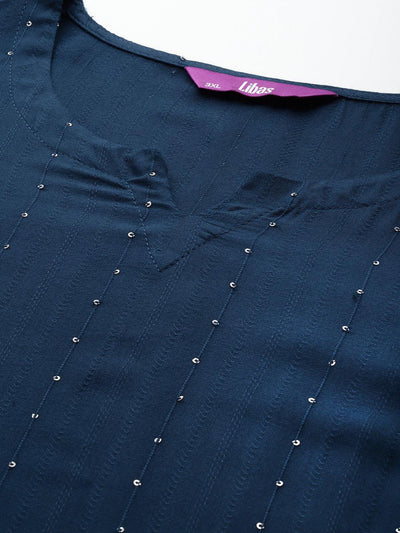 Plus Size Blue Rayon Embroidered Straight Kurta - Libas