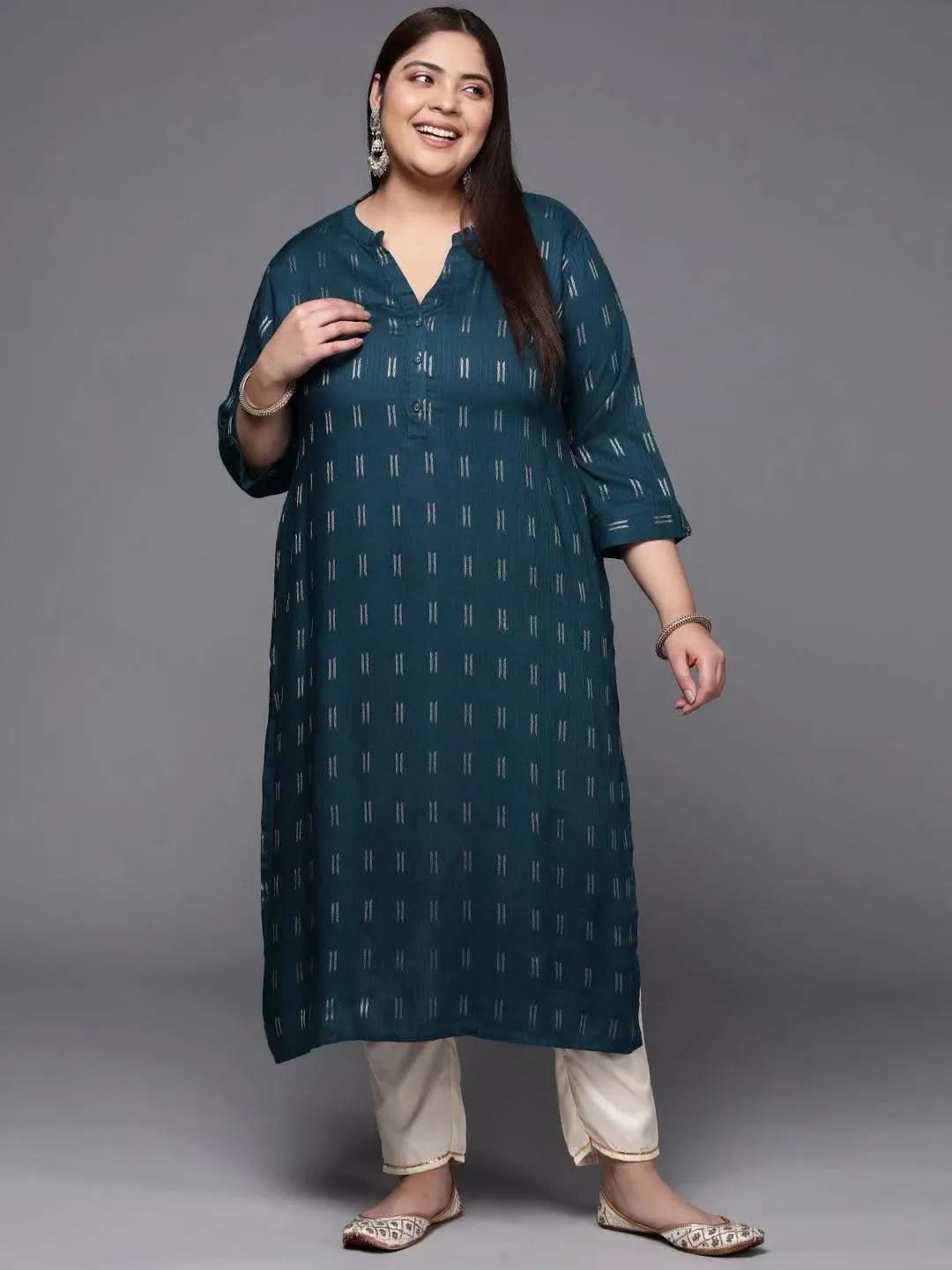 Plus Size Blue Woven Design Rayon Straight Kurta - Libas