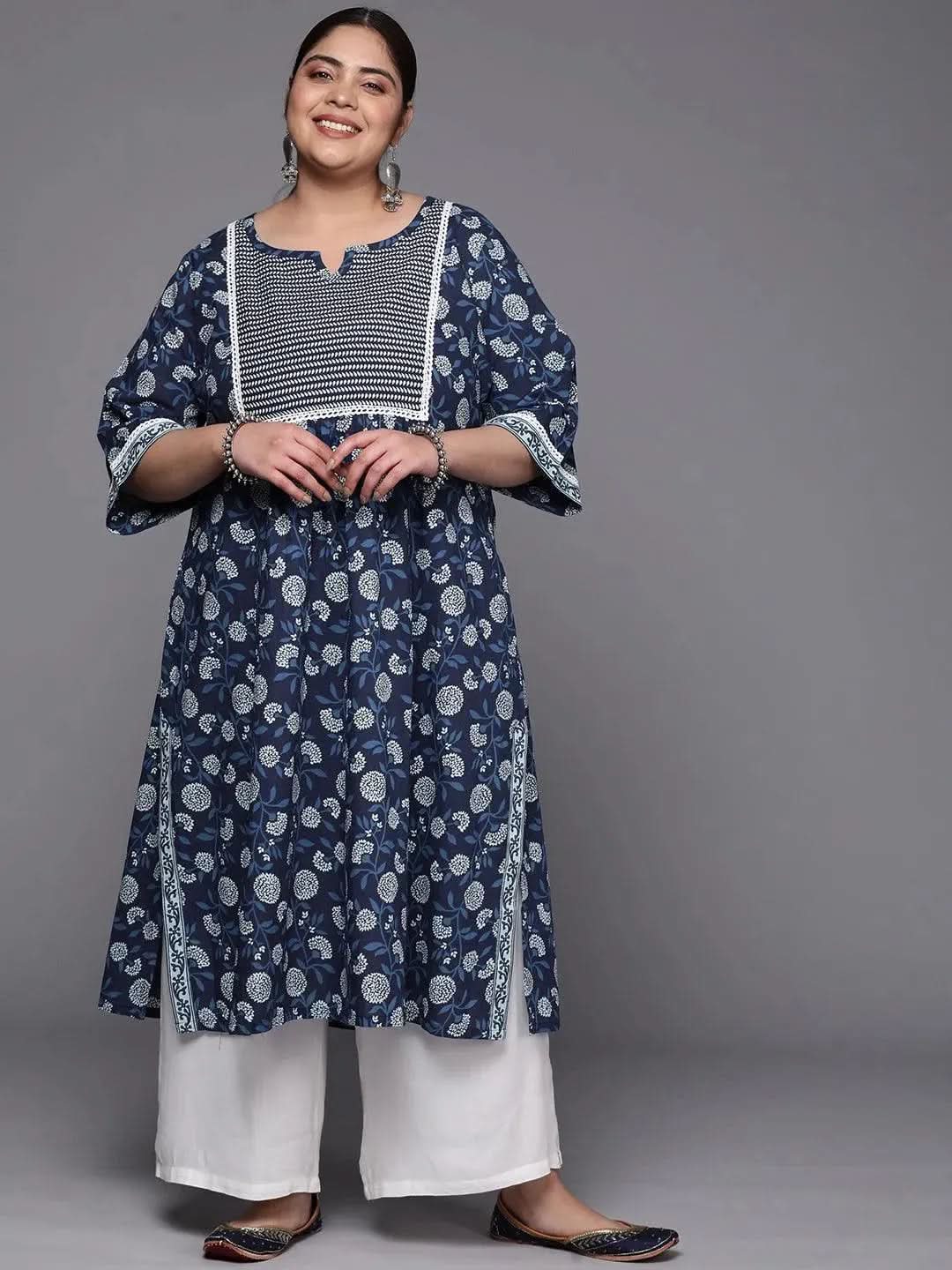 Plus Size Blue Yoke Design Cotton A-Line Kurta - Libas