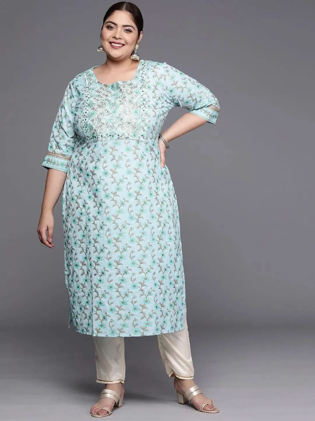 Plus Size Blue Yoke Design Cotton Silk Straight Kurta - Libas