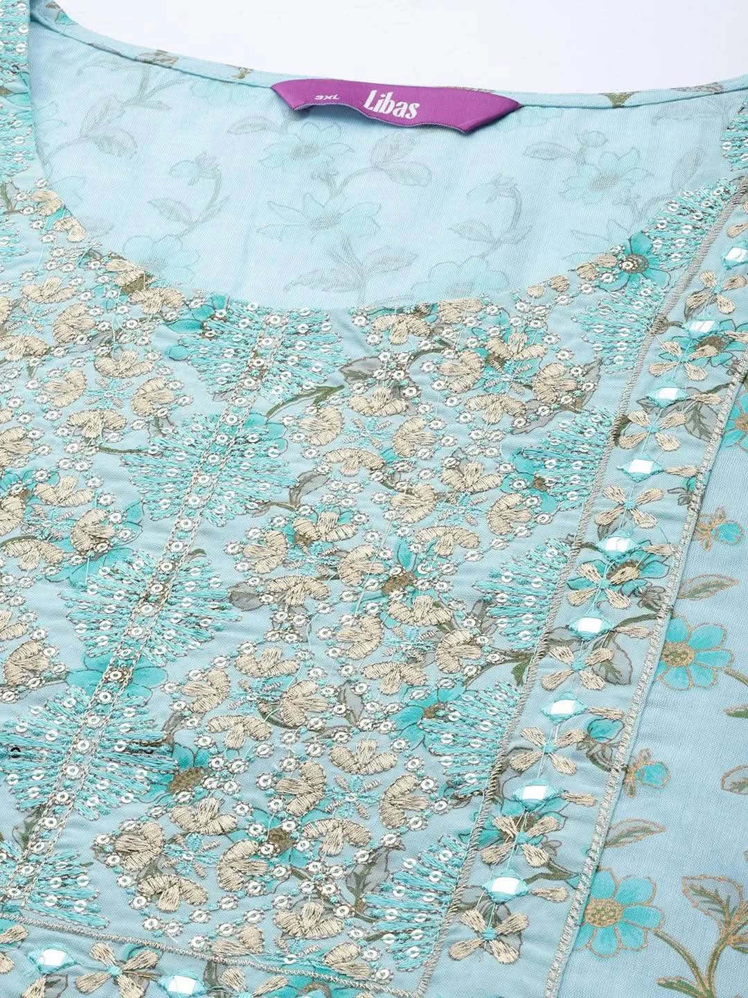 Plus Size Blue Yoke Design Cotton Silk Straight Kurta - Libas