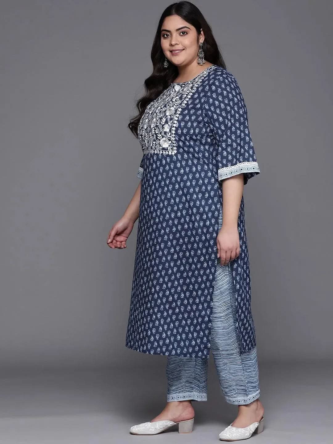 Plus Size Blue Yoke Design Cotton Suit Set - Libas