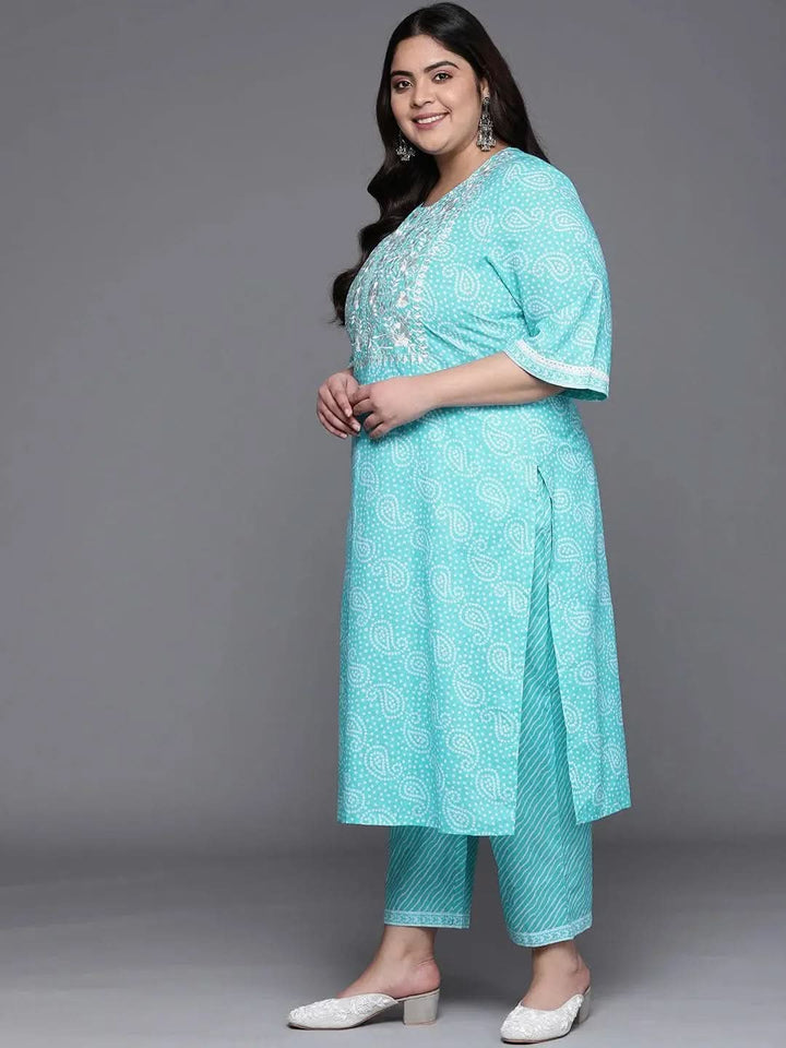 Plus Size Blue Yoke Design Cotton Suit Set - Libas