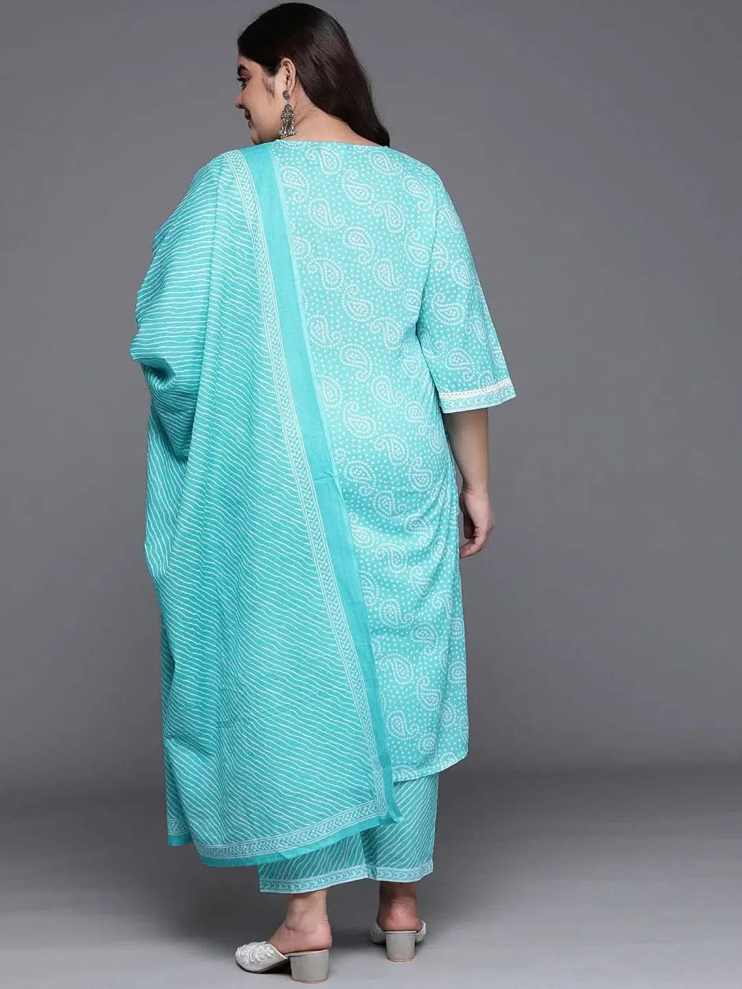 Plus Size Blue Yoke Design Cotton Suit Set - Libas