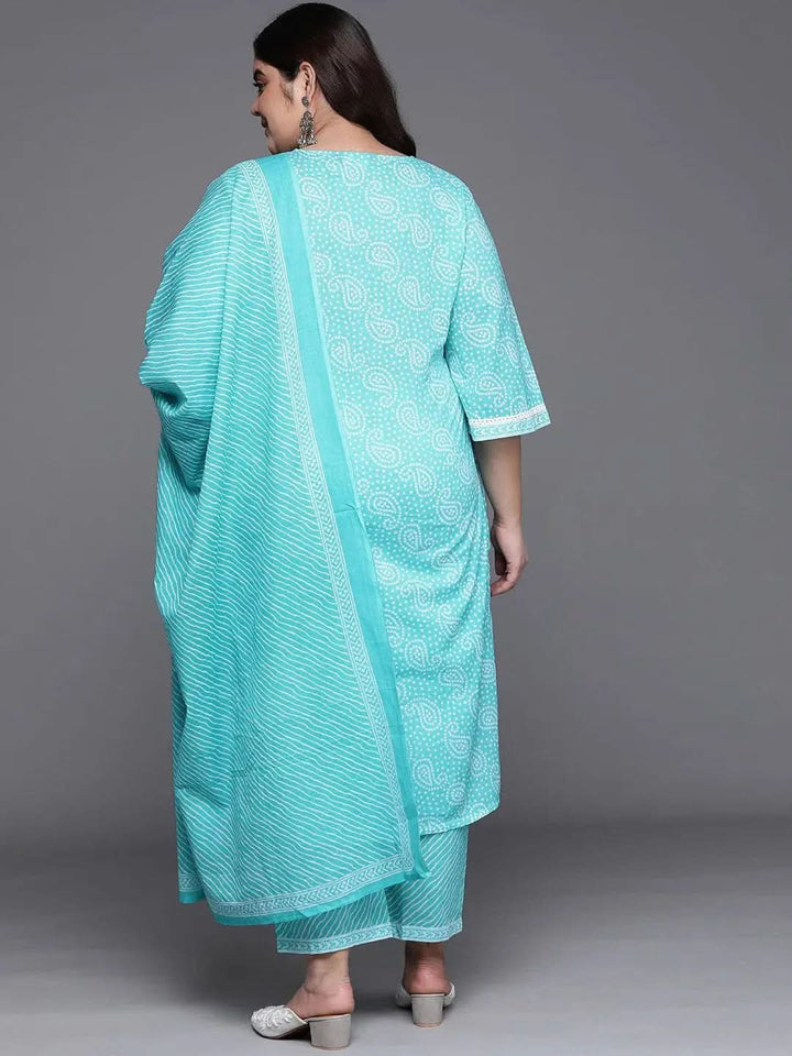 Plus Size Blue Yoke Design Cotton Suit Set - Libas