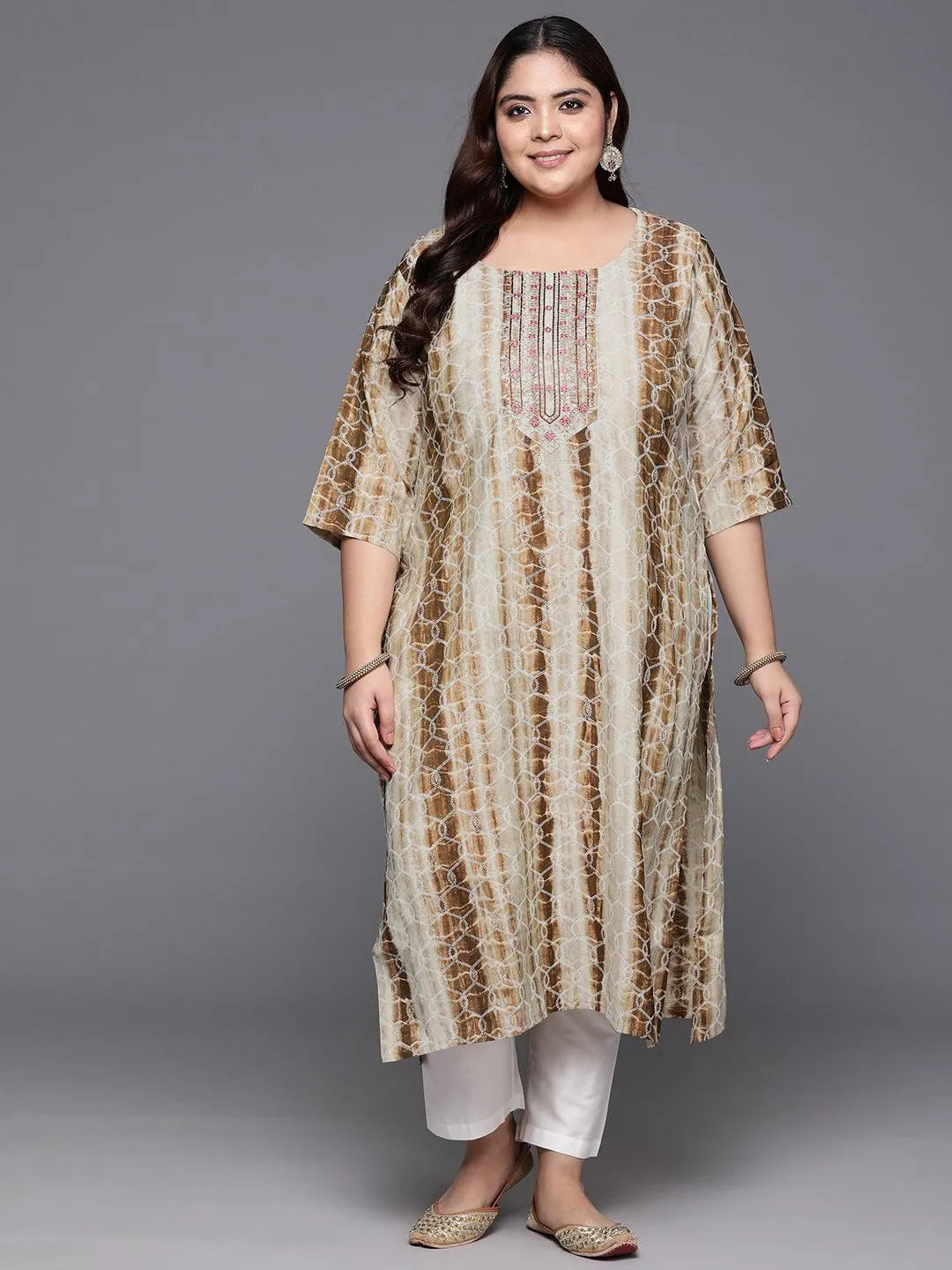 Plus Size Yellow Yoke Design Silk Blend A-Line Kurta With Trousers