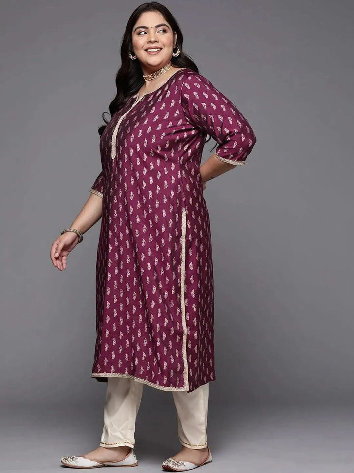 Plus Size Burgundy Printed Silk Straight Kurta - Libas