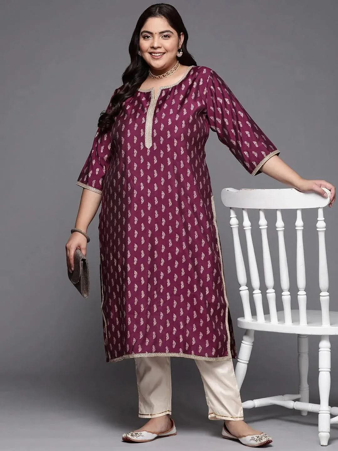 Plus Size Burgundy Printed Silk Straight Kurta - Libas