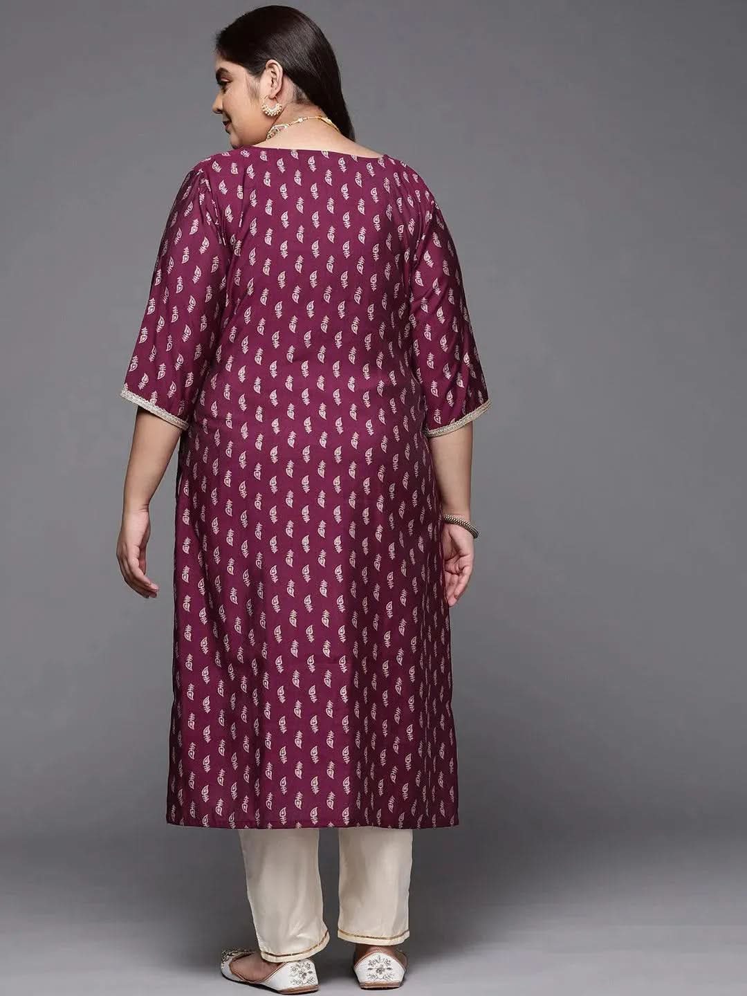 Plus Size Burgundy Printed Silk Straight Kurta - Libas