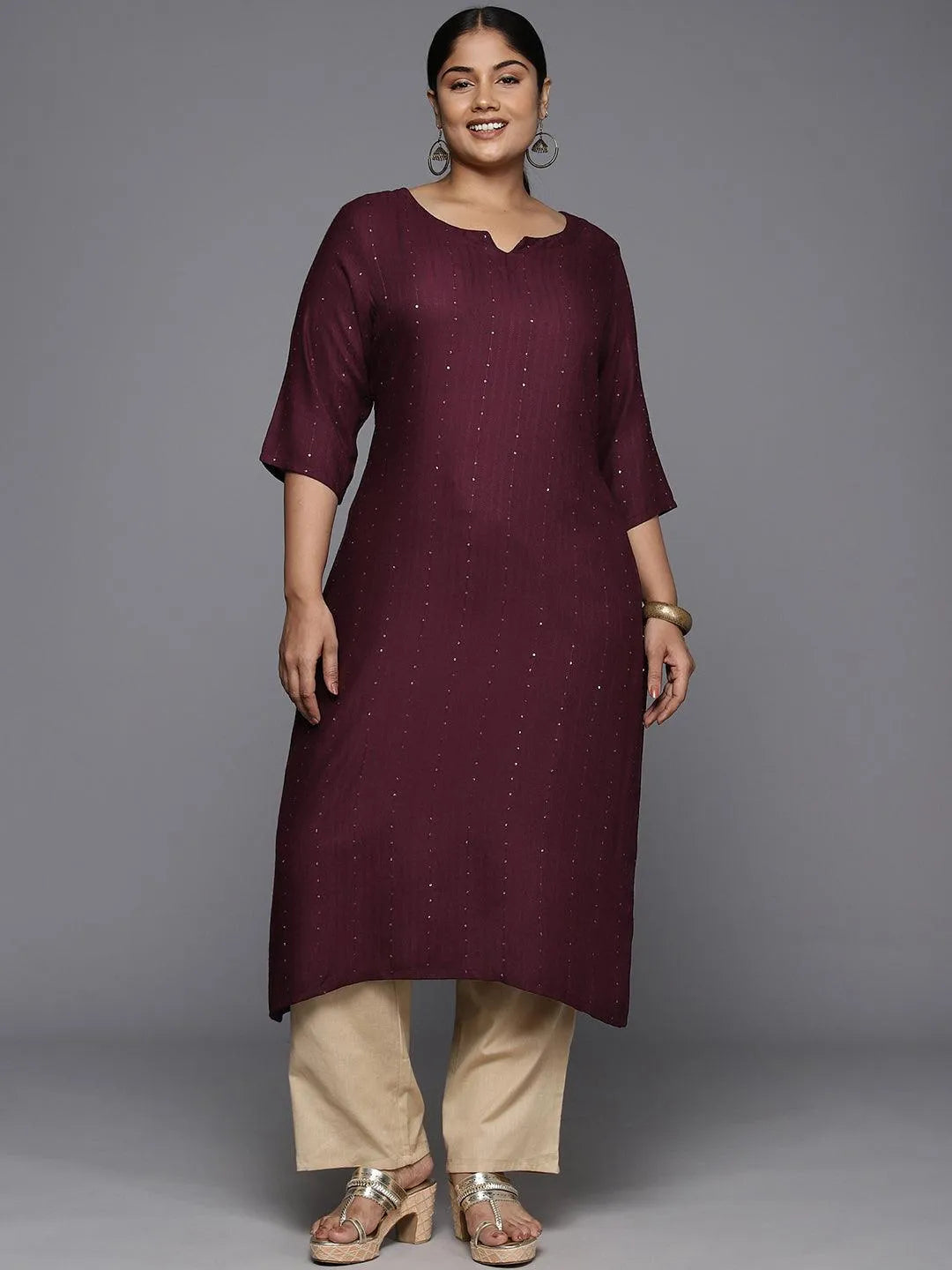 Buy Plus Size Burgundy Rayon Embroidered Straight Kurta Online at
