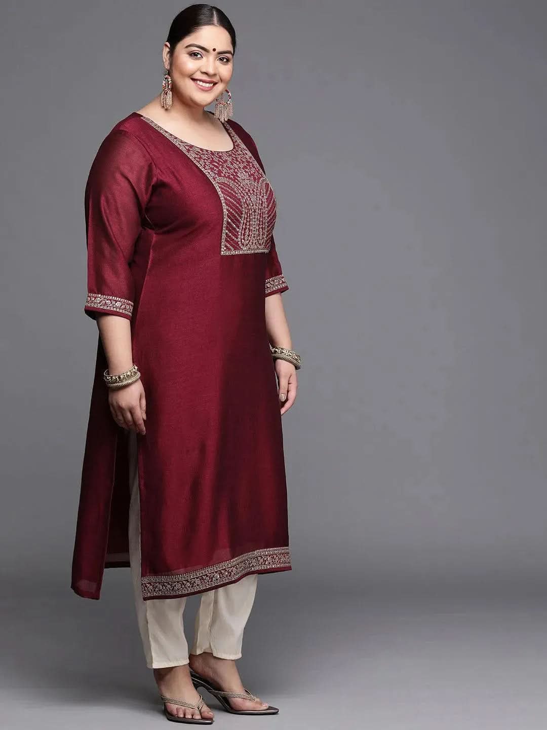 Plus Size Burgundy Yoke Design Silk Kurta - Libas