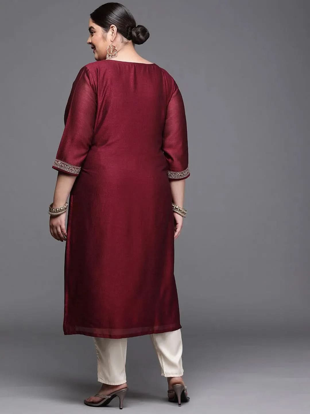 Plus Size Burgundy Yoke Design Silk Kurta - Libas