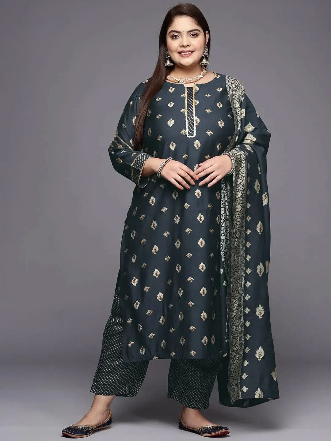 Plus Size Charcoal Printed Silk Blend Straight Kurta With Dupatta
Plus Size Charcoal Printed Silk Blend Straight Kurta With Dupatta