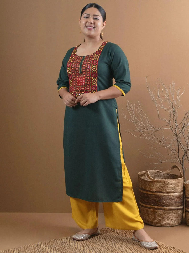 Plus Size Green Embroidered Cotton Kurta - Libas