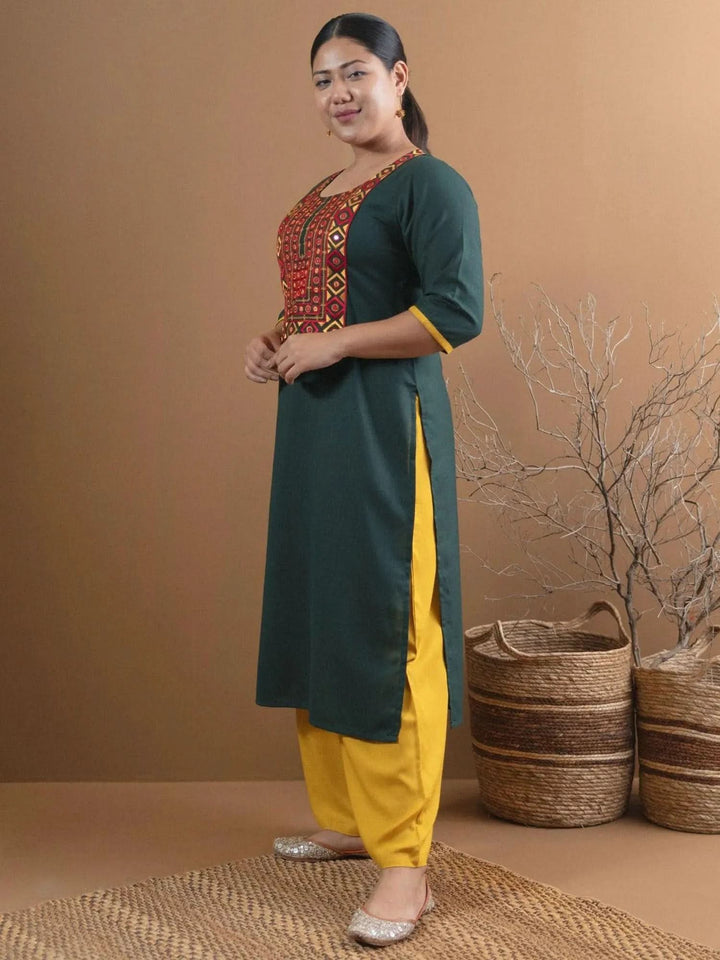 Plus Size Green Embroidered Cotton Kurta - Libas