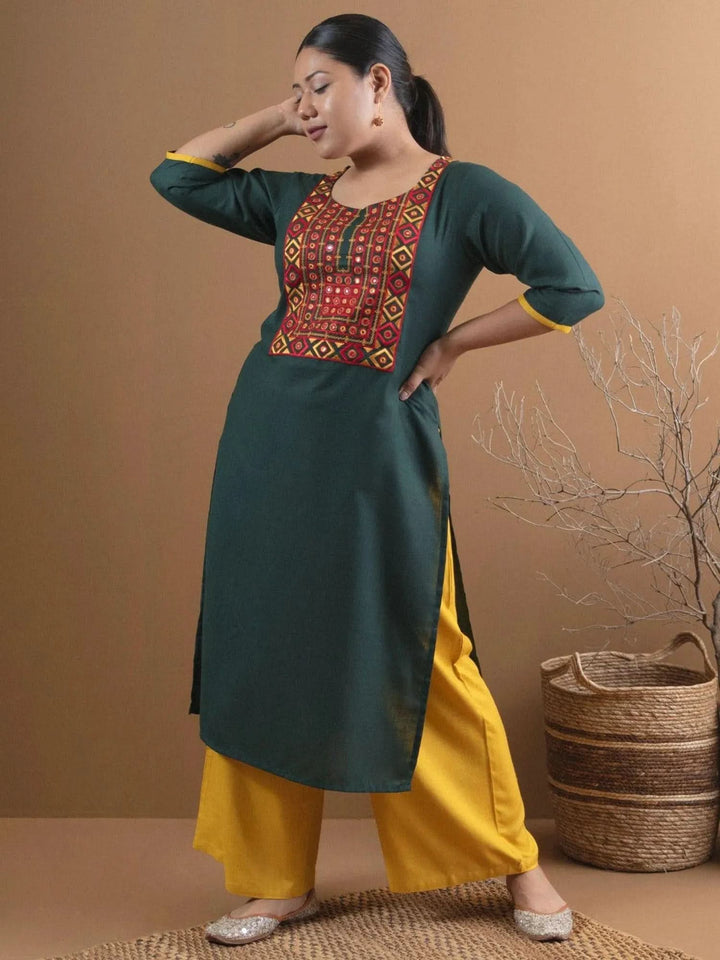 Plus Size Green Embroidered Cotton Kurta - Libas