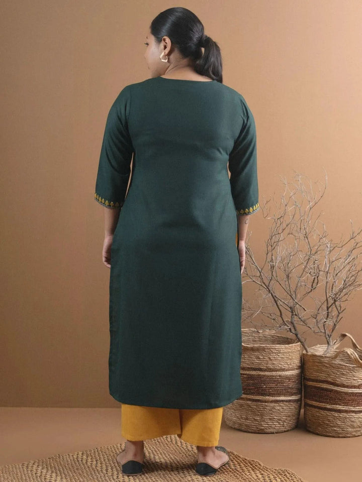 Plus Size Green Embroidered Cotton Kurta - Libas