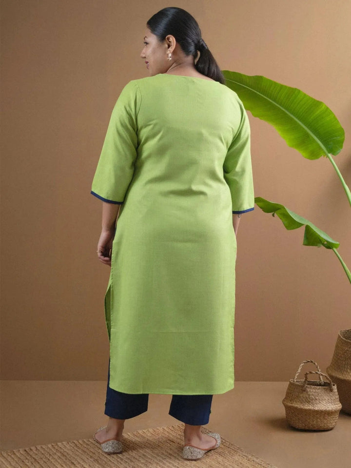 Plus Size Green Embroidered Cotton Kurta Set - Libas