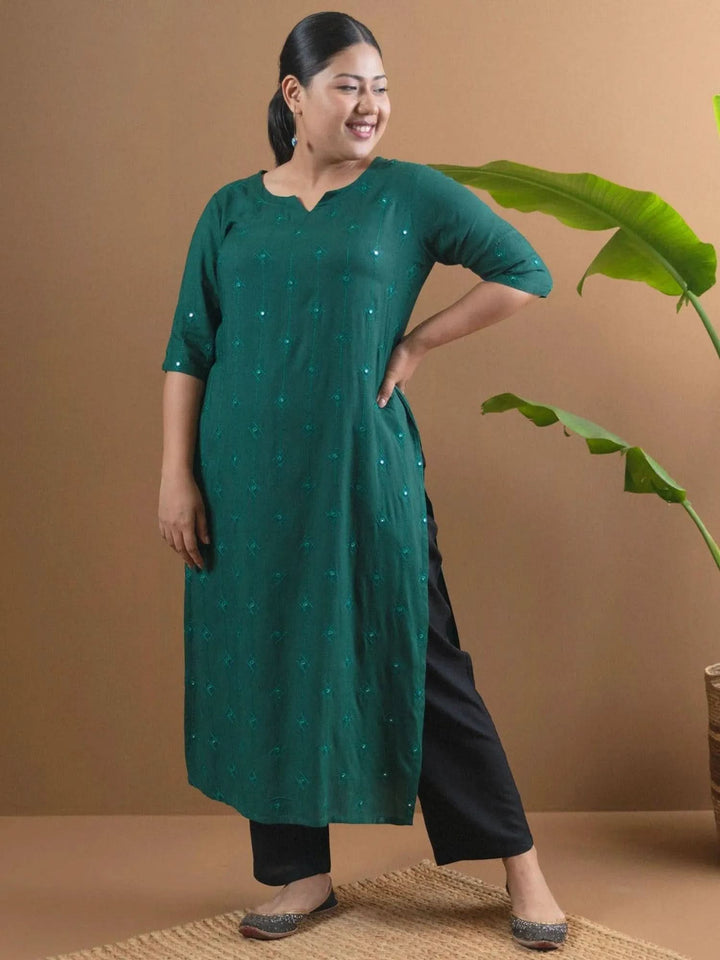 Plus Size Green Embroidered Rayon Kurta - Libas