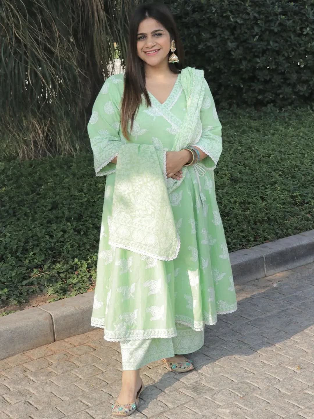 Plus Size Green Printed Cotton Suit Set - Libas