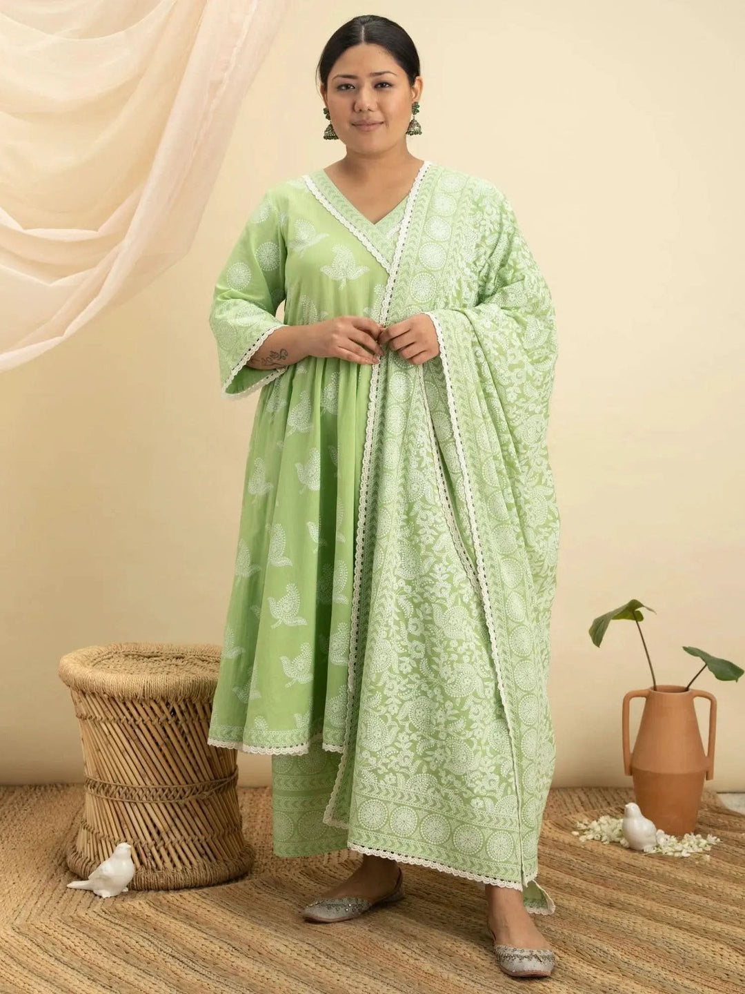 Plus Size Green Printed Cotton Suit Set - Libas