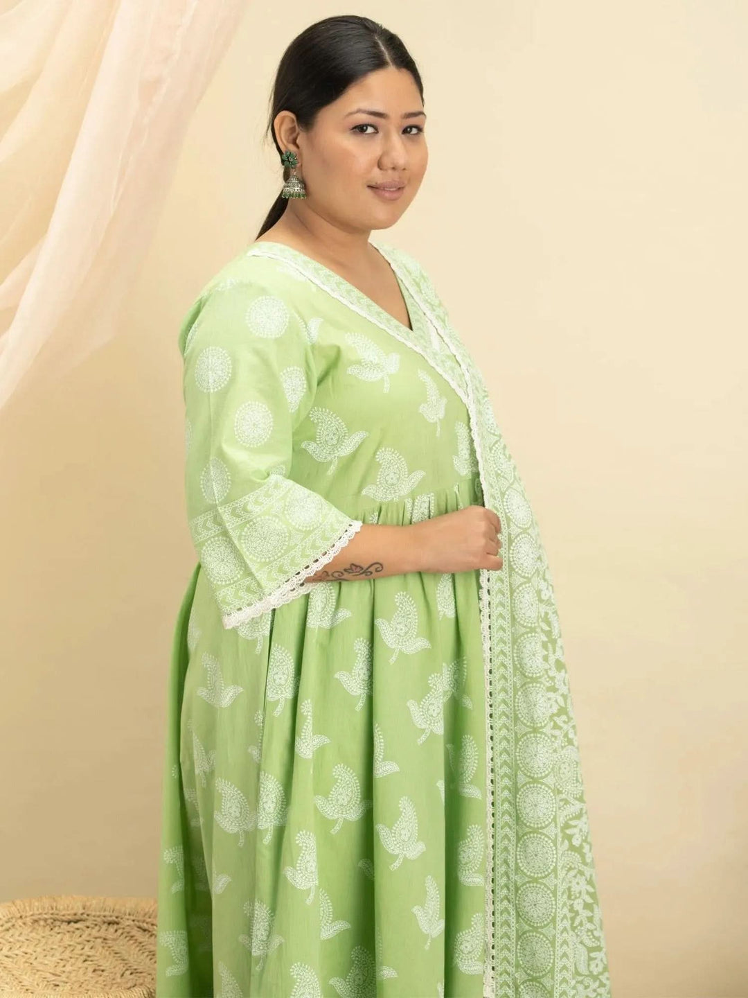 Plus Size Green Printed Cotton Suit Set - Libas