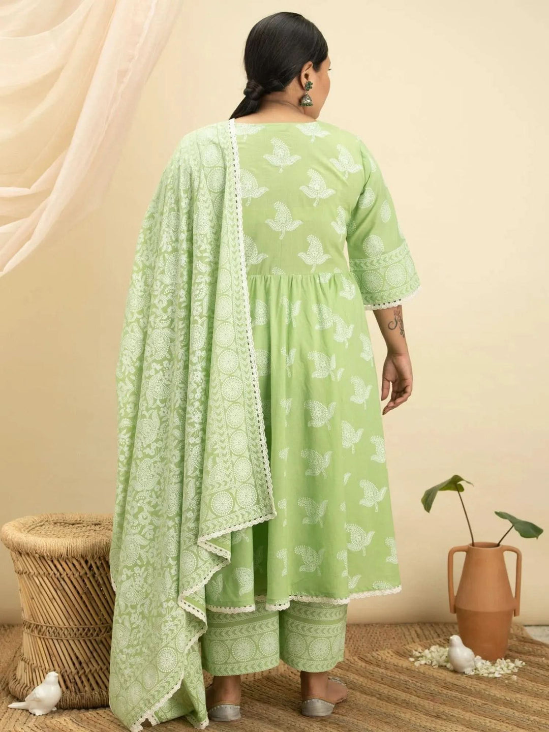 Plus Size Green Printed Cotton Suit Set - Libas