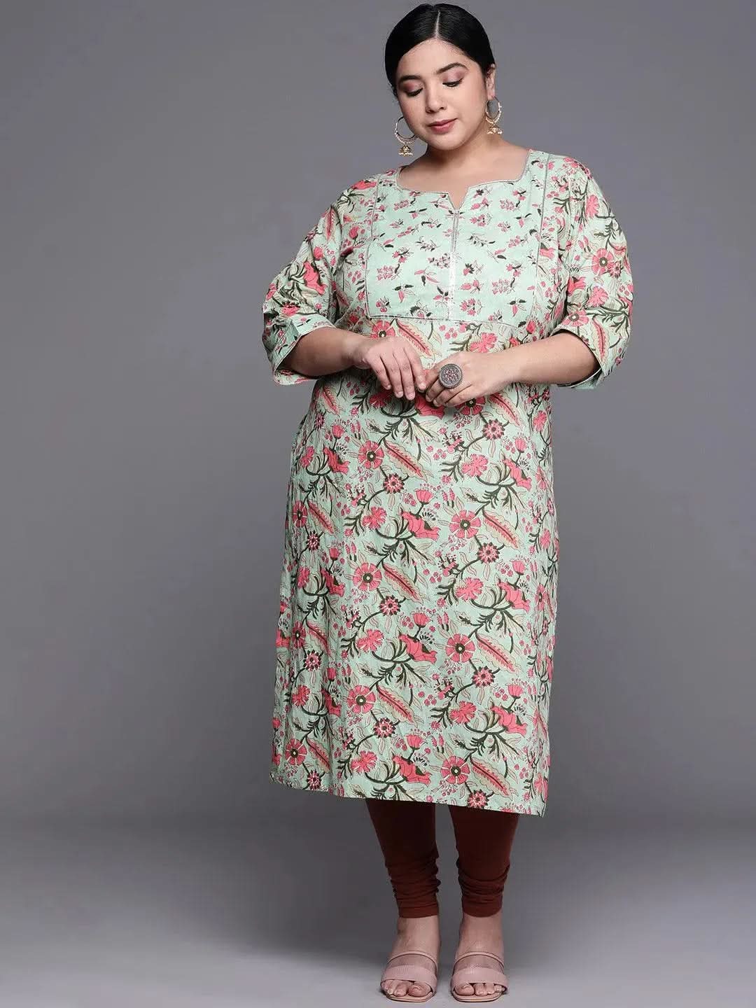 Plus Size Green Printed Cotton Kurta - Libas