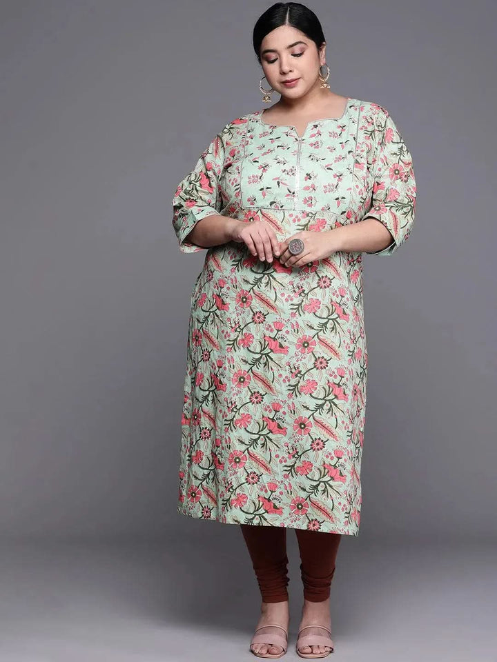 Plus Size Green Printed Cotton Kurta - Libas