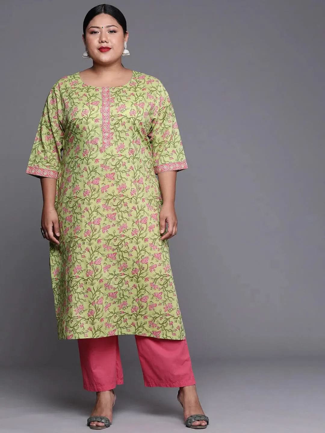 Plus Size Mint Green Floral Printed Cotton Kurti for Women