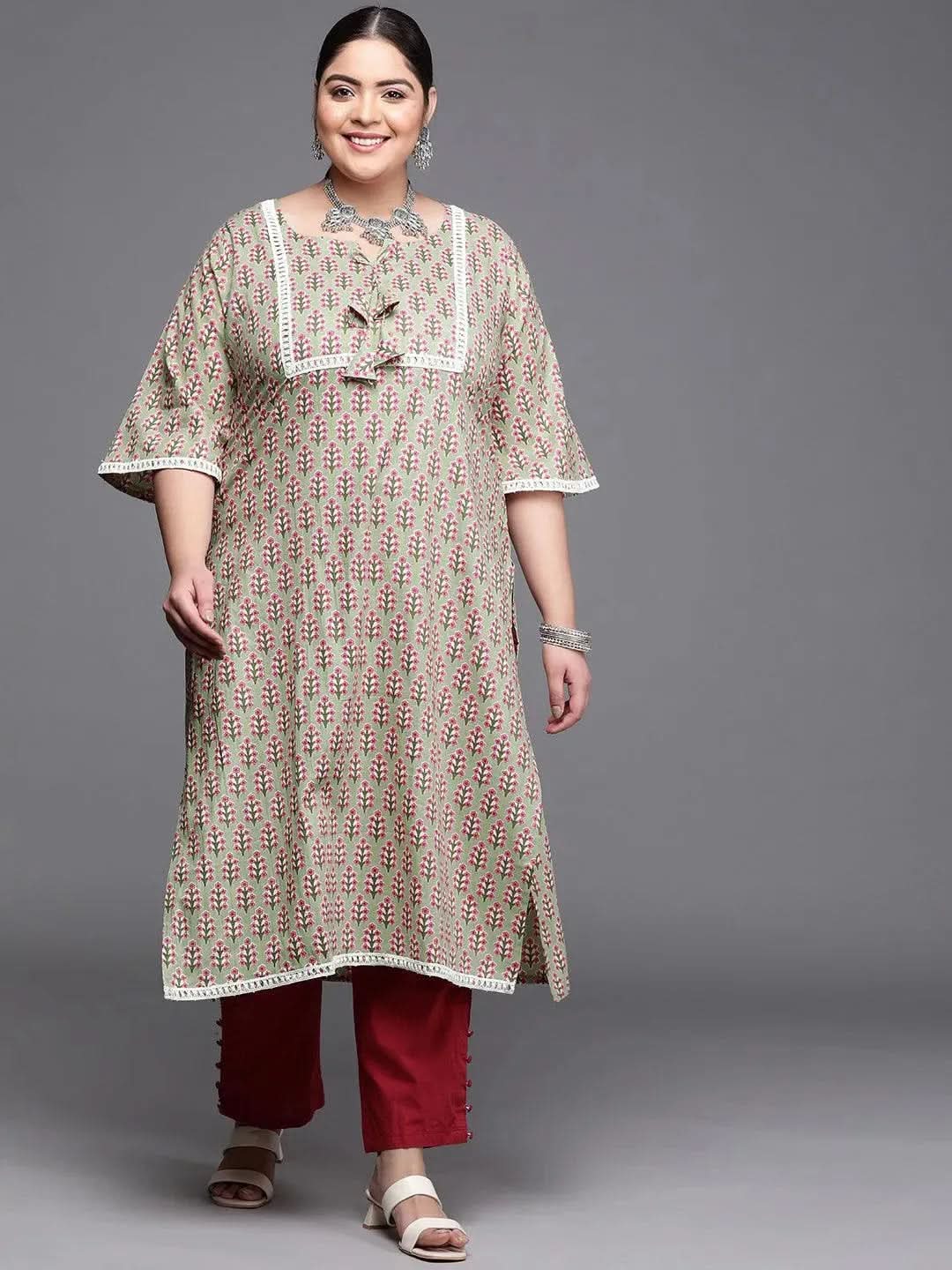 Plus Size Green Printed Cotton Kurta - Libas