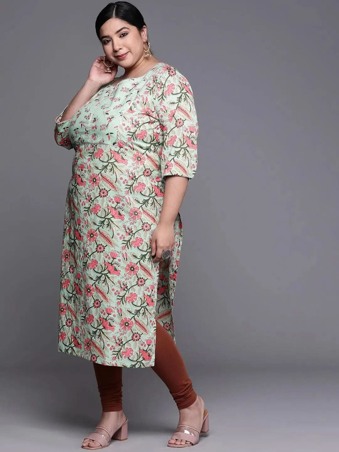 Plus Size Green Printed Cotton Kurta - Libas