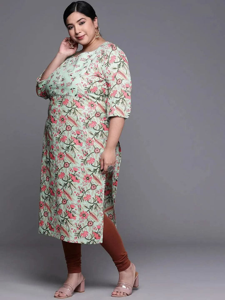 Plus Size Green Printed Cotton Kurta - Libas