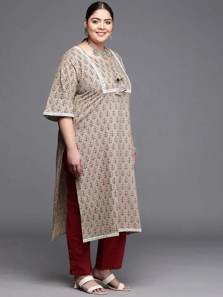 Plus Size Green Printed Cotton Kurta - Libas