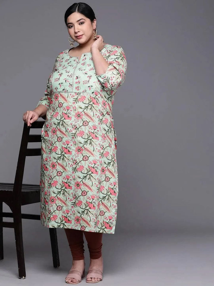 Plus Size Green Printed Cotton Kurta - Libas