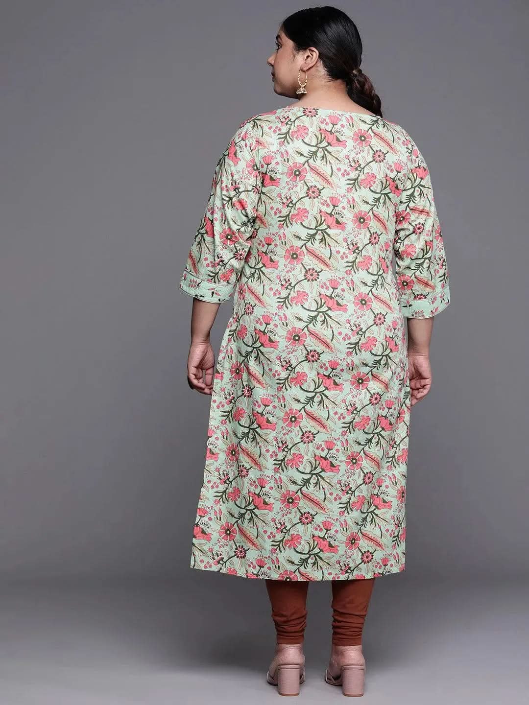 Plus Size Green Printed Cotton Kurta - Libas