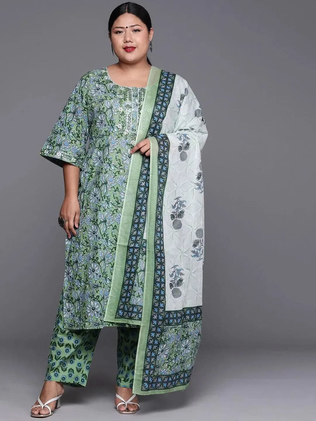 Plus Size Green Printed Cotton Suit Set - Libas