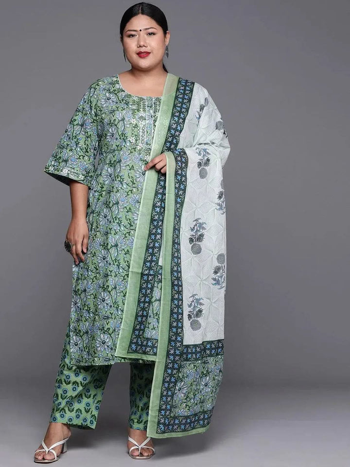 Plus Size Green Printed Cotton Suit Set - Libas