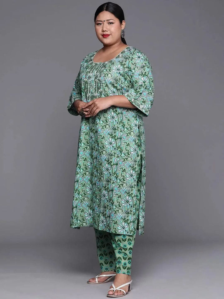 Plus Size Green Printed Cotton Suit Set - Libas