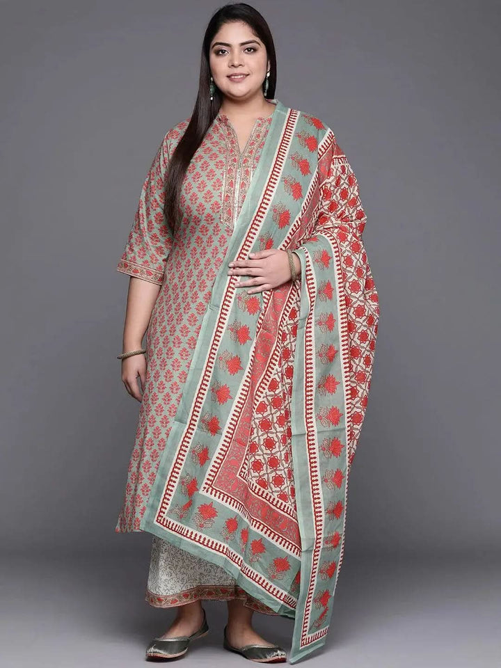 Plus Size Green Printed Cotton Suit Set - Libas