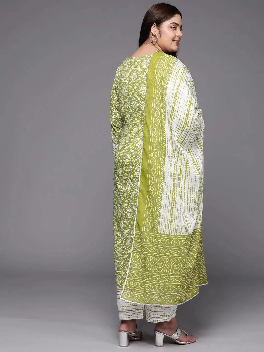 Plus Size Green Printed Cotton Suit Set With Trousers - Libas
