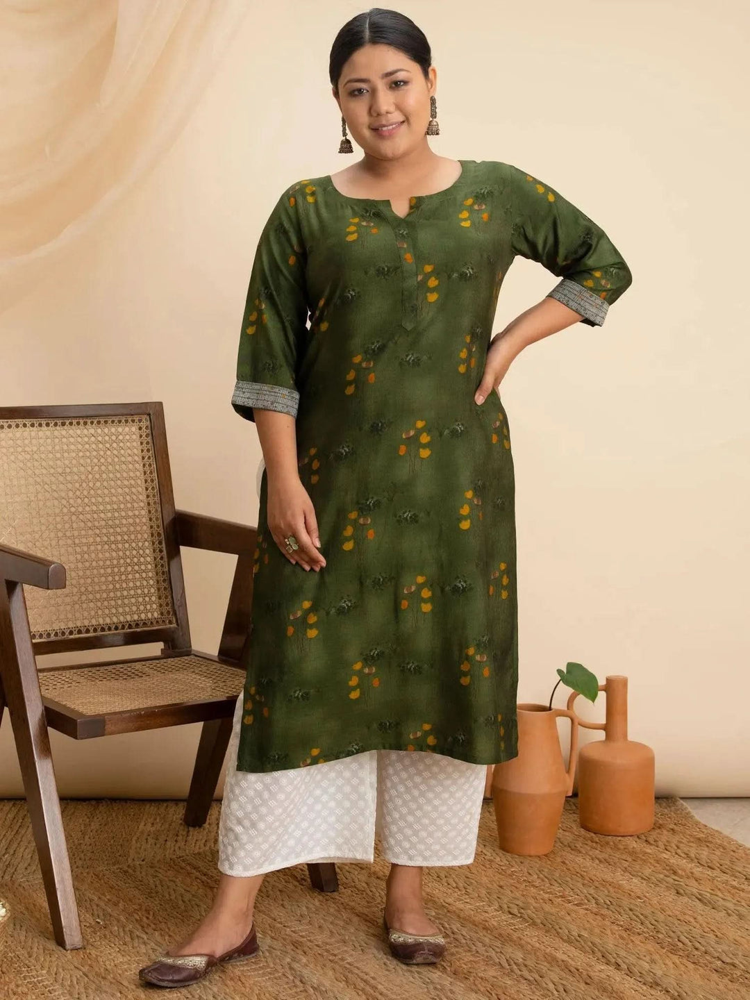 Plus Size Green Printed Rayon Kurta - Libas